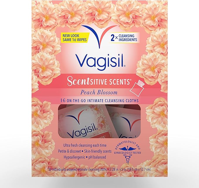 Vagisil Scentsitive Scents On-The-Go Feminine Cleansing Wipes, pH Balanced, Peach Blossom, Individually Wrapped, 16 Count (Pack of 1)