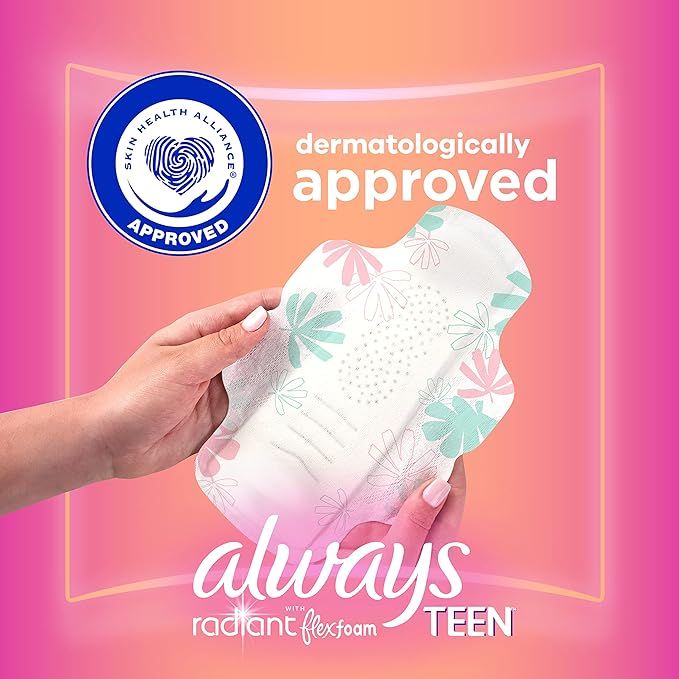 Always Radiant Teen Feminine Pads For Women, Size 1 Regular Absorbency, With Flexfoam, With Wings, Unscented, 14 Count