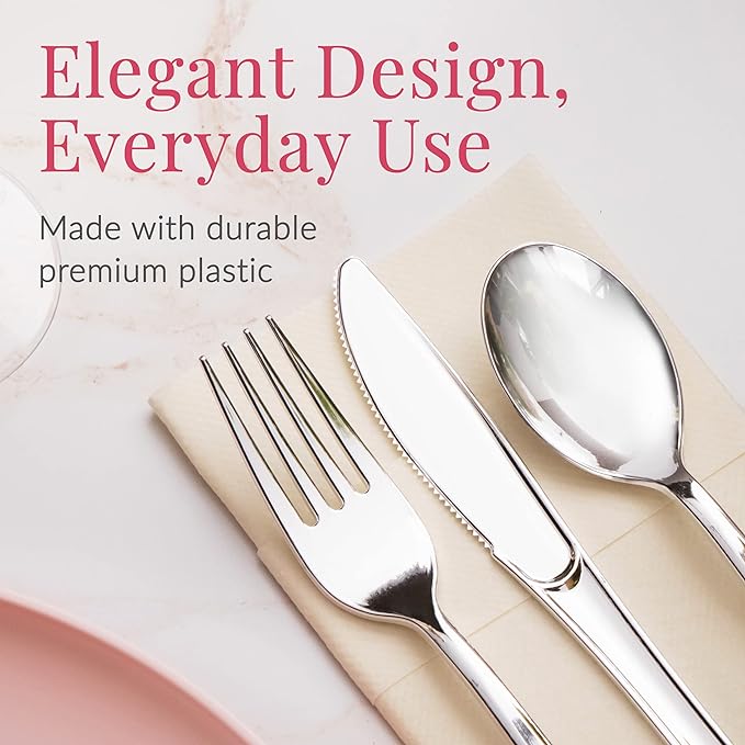 Prestee 300 Plastic Silverware Set - 100 Silver Plastic Cutlery - Plastic Silverware Heavy Duty Bulk Disposable Flatware - Plastic Utensils Set - Disposable Silverware - Silver Plastic Silverware Set
