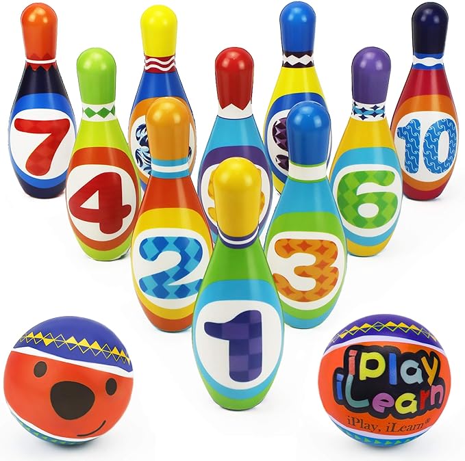 iPlay, iLearn Kids Bowling Toys Set, Toddler Indoor Outdoor Activity Play Game, Soft 10 Foam Pins & Two Balls Playset, Educational, Birthday Party Gift for 18 24 Months, 2 3 Year Old Children Boy Girl