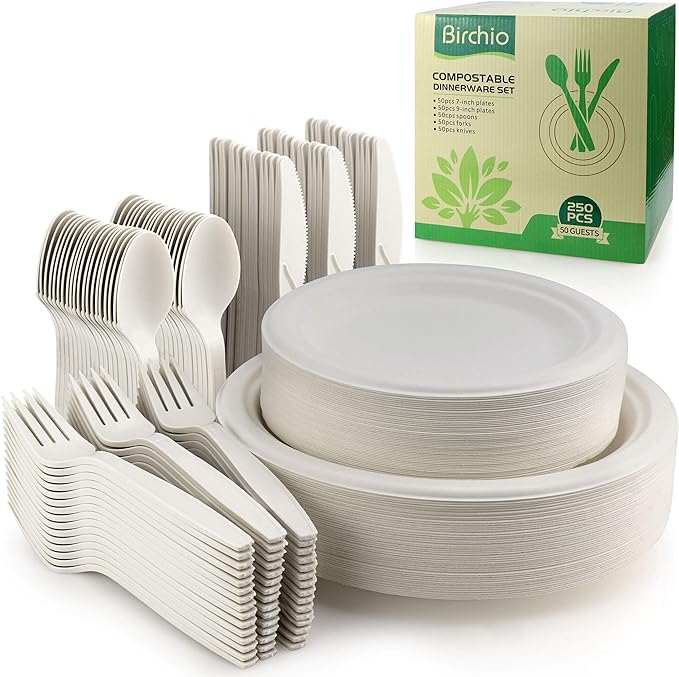 BIRCHIO 250 Piece Biodegradable Paper Plates Set (EXTRA LONG UTENSILS), Disposable Dinnerware Set, Eco Friendly Compostable Plates & Utensil include Plates, Forks, Knives and Spoons for Party