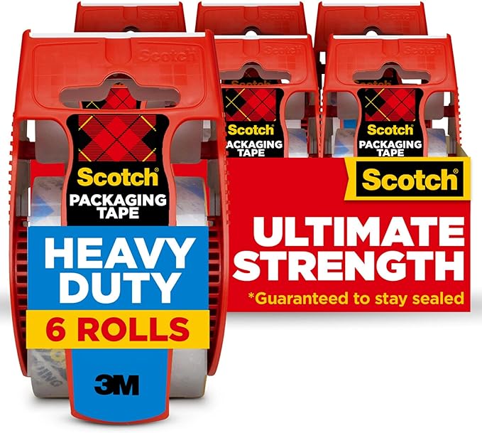 Scotch Heavy Duty Packaging Tape, 1.88" x 22.2 yd, Designed for Packing, Shipping and Mailing, Strong Seal on All Box Types, 1.5" Core, Clear, 6 Rolls with Dispenser (142-6)