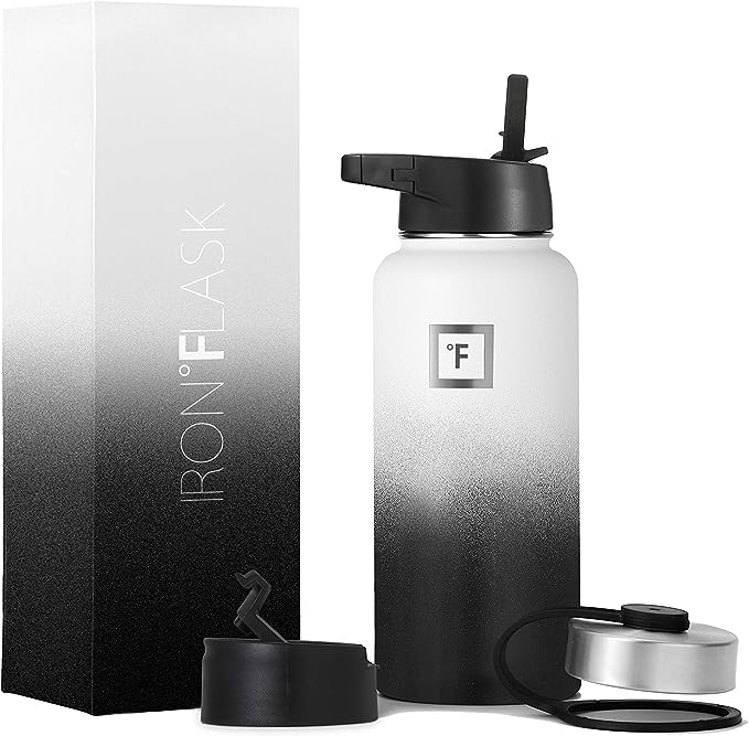 IRON °FLASK Sports Water Bottle - Wide Mouth with 3 Straw Lids - Stainless Steel Gym & Outdoor Bottles for Men, Women & Kids - Double Walled, Insulated Thermos, Metal Canteen - Day & Night, 32 Oz