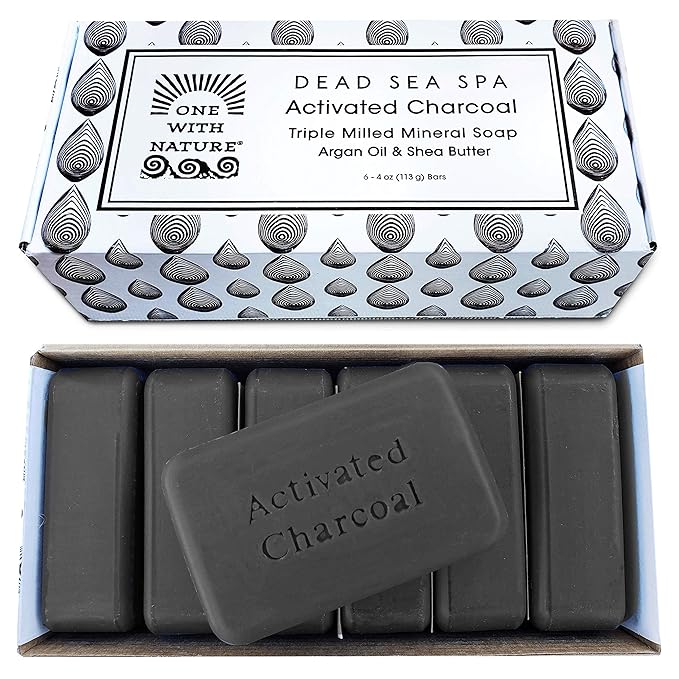 One With Nature 4Oz 6Pack Charcoal Soap Bar in Gift Box for Face, Body, Acne, All Skin Types - Contains Dead Sea Salt, Activated Charcoal, Shea Butter, Argan Oil and 21 Essential Minerals