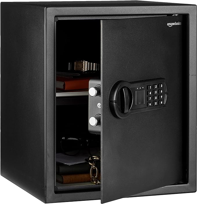 Amazon Basics Steel Home Security Safe with Programmable Electronic Keypad Lock, Secure Documents, Jewelry, Valuables, 1.52 Cubic Feet, Black, 13.8"W x 13"D x 16.5"H