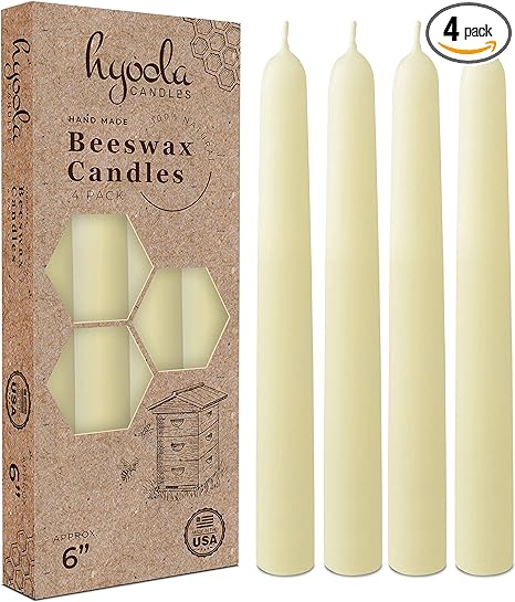 Hyoola 6" Beeswax Taper Candles - 6 Hour Burn Time - White Beeswax Candles - 4 Pack